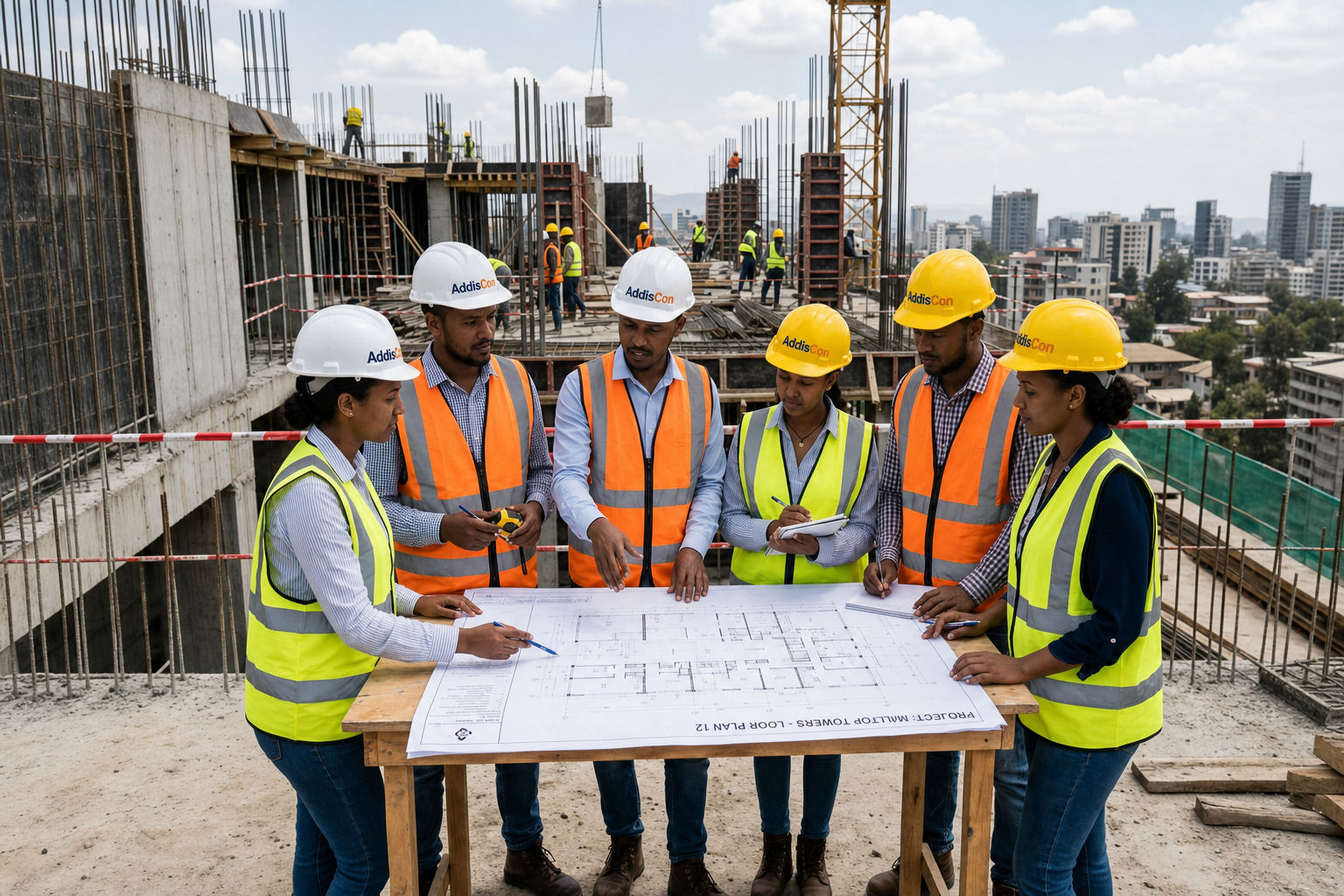 AddisCon construction team reviewing plans on site